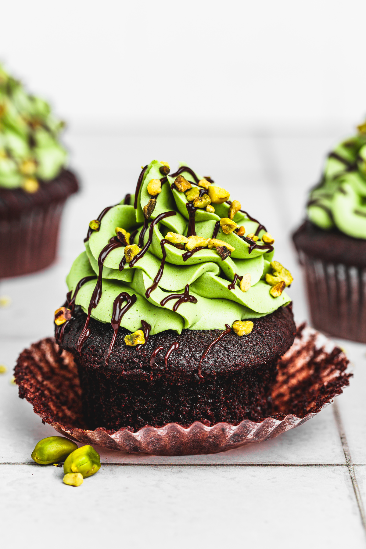 Finished Dubai chocolate cupcakes on a table ready to serve