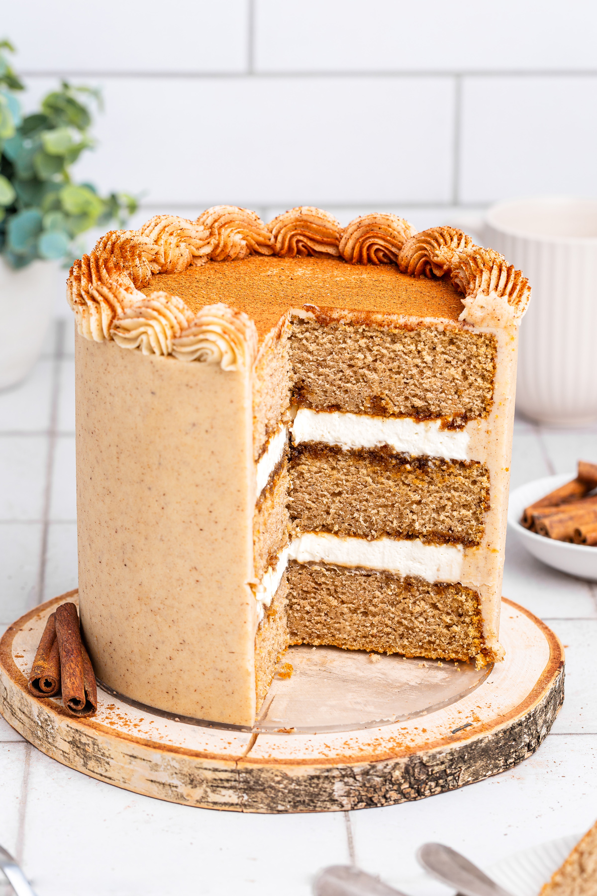 Slice of cinnamon roll cake on a table
