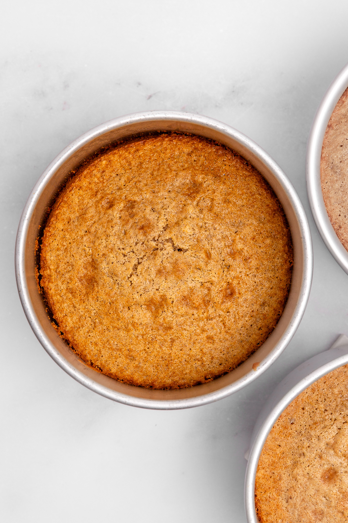 Baked cinnamon cake layer cooling in a pan
