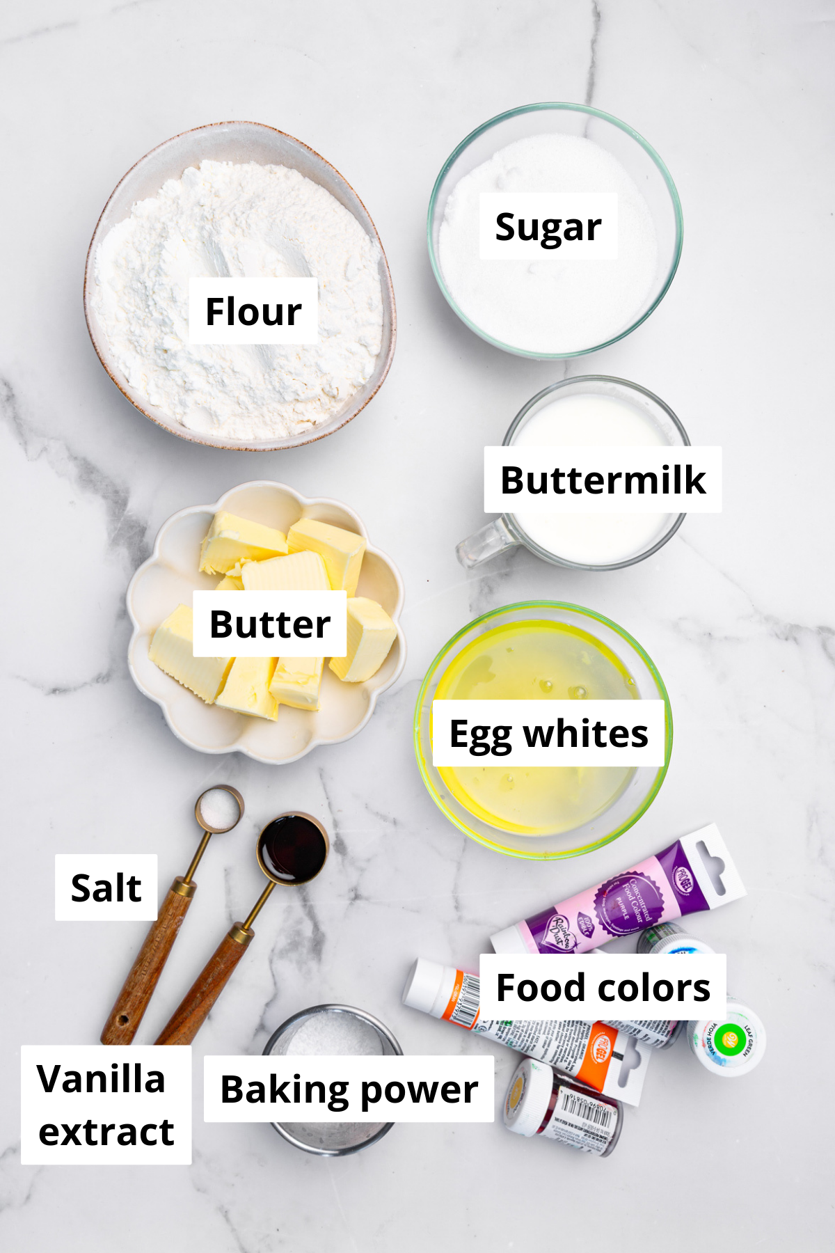 Ingredients in a bowl to prepare rainbow cupcakes batter