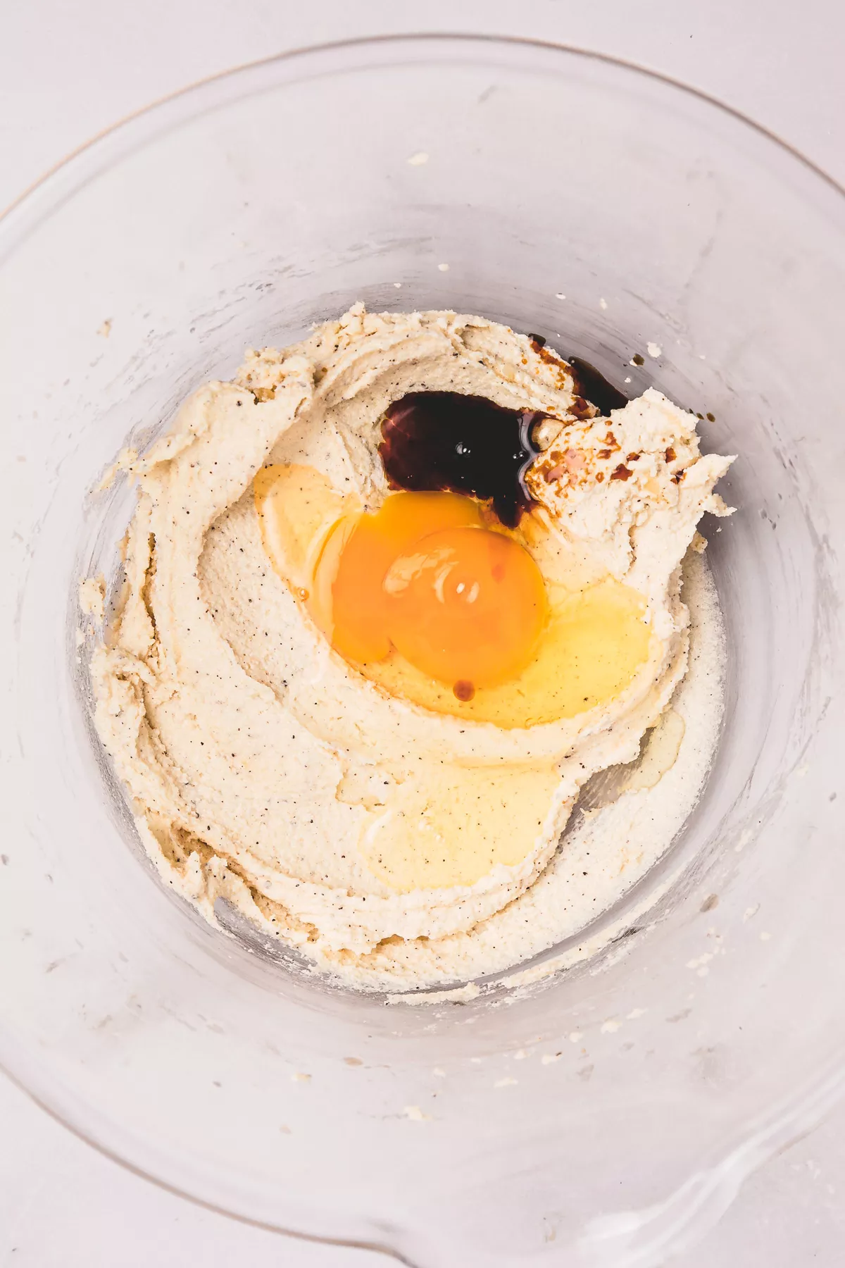 Mixing bowl with brown butter sugar egg and vanilla