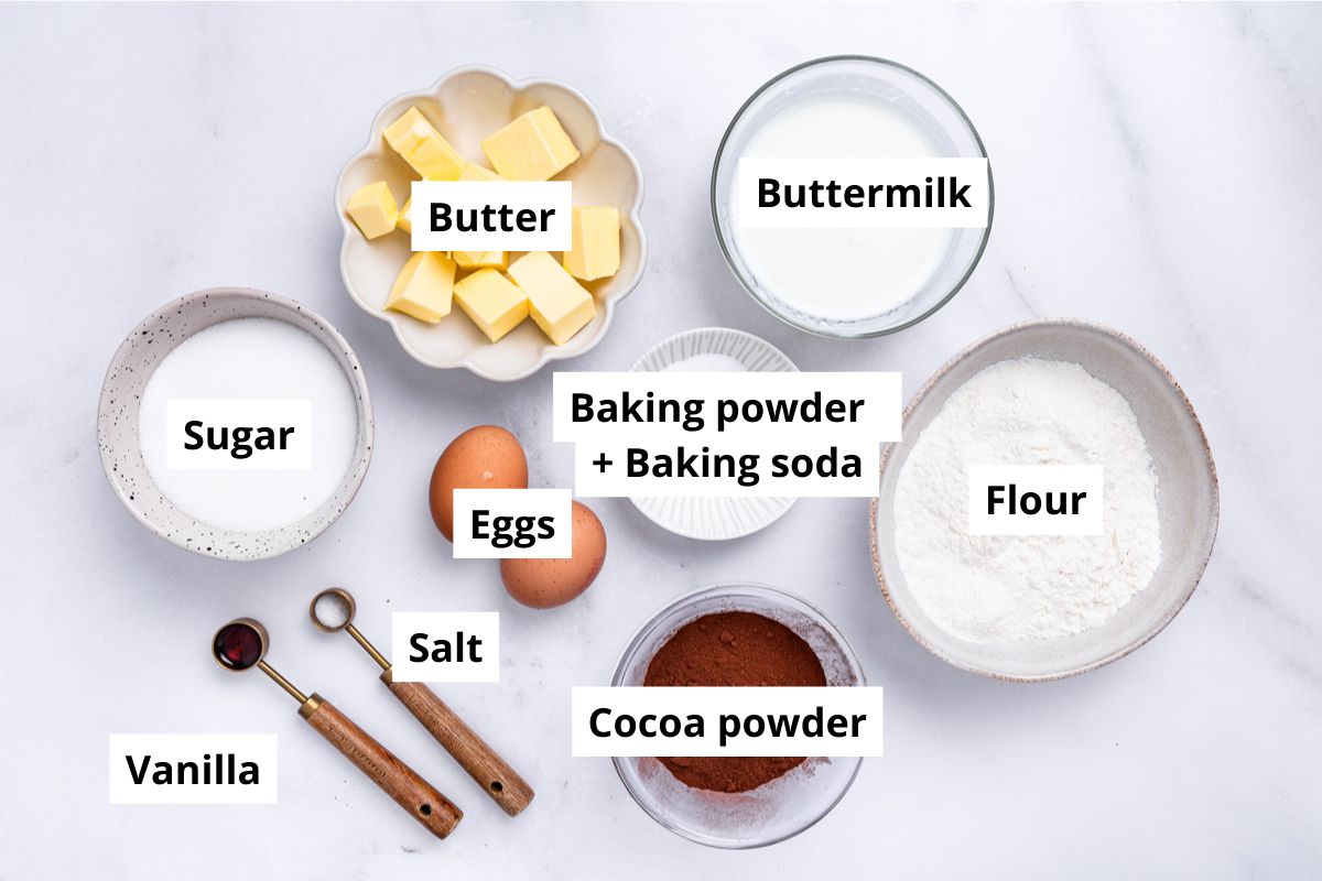 ingredients for chocolate cupcakes in bowls