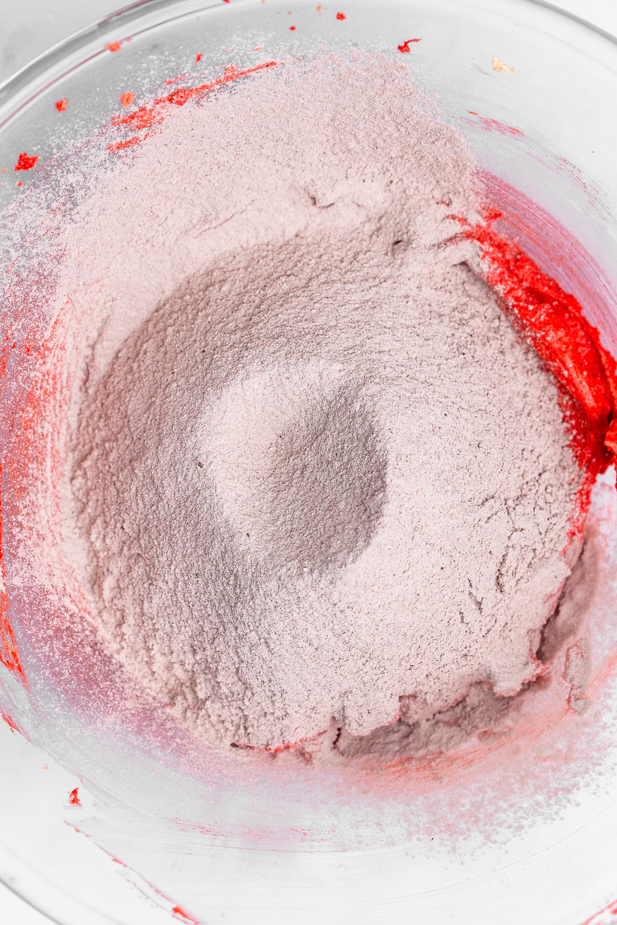 red velvet cookie dough with flour mixture added