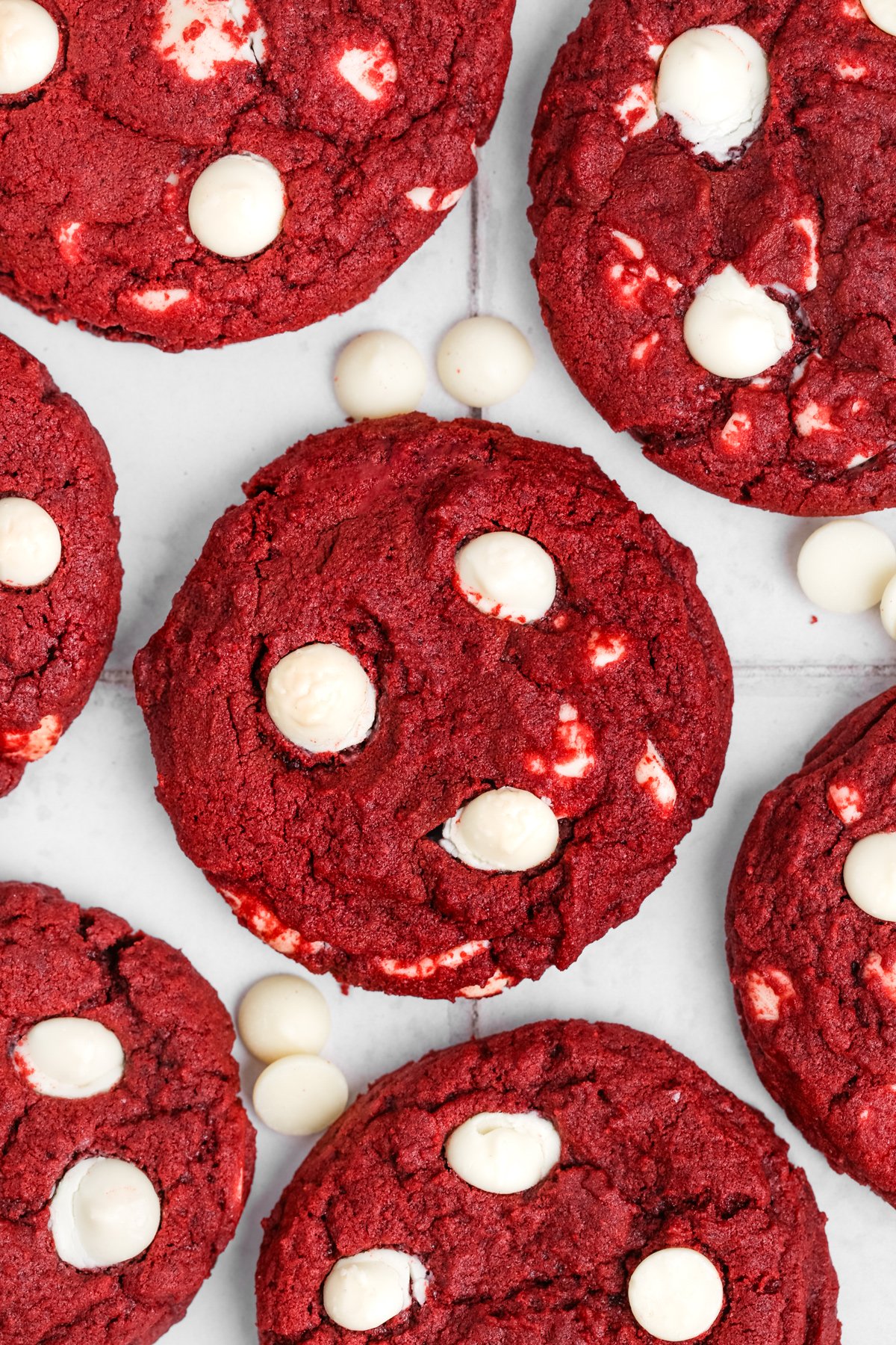 baked red velvet cookies on a table