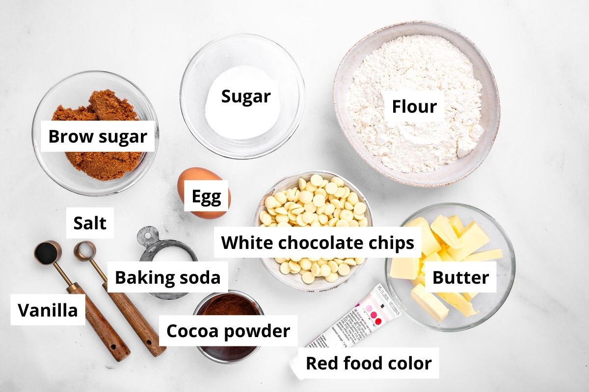 red velvet cookie ingredients in bowls