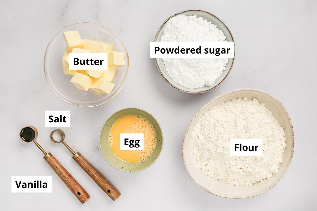 no chill sugar cookies ingredients laid out in bowls
