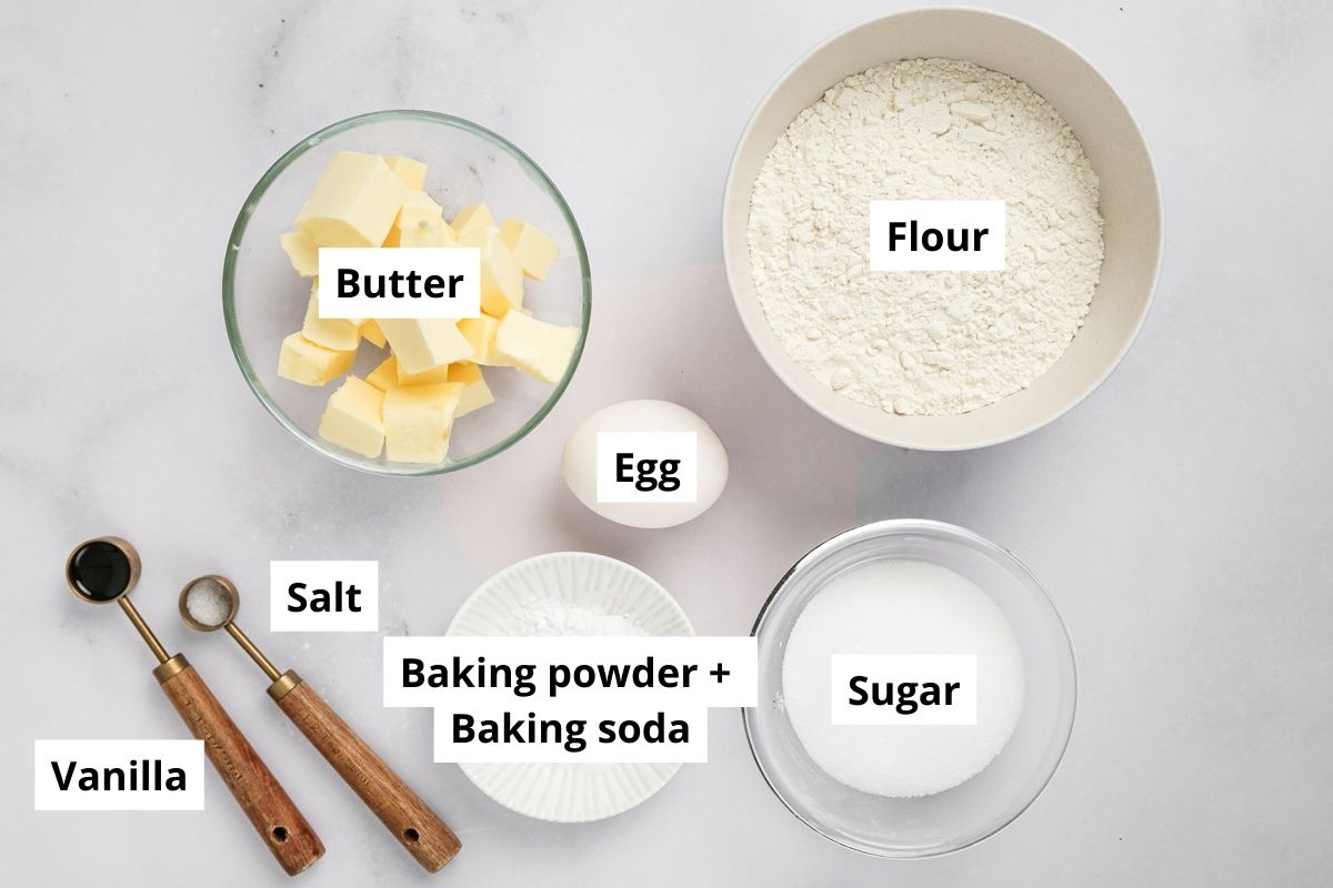 soft sugar cookies ingredients laid out in bowls
