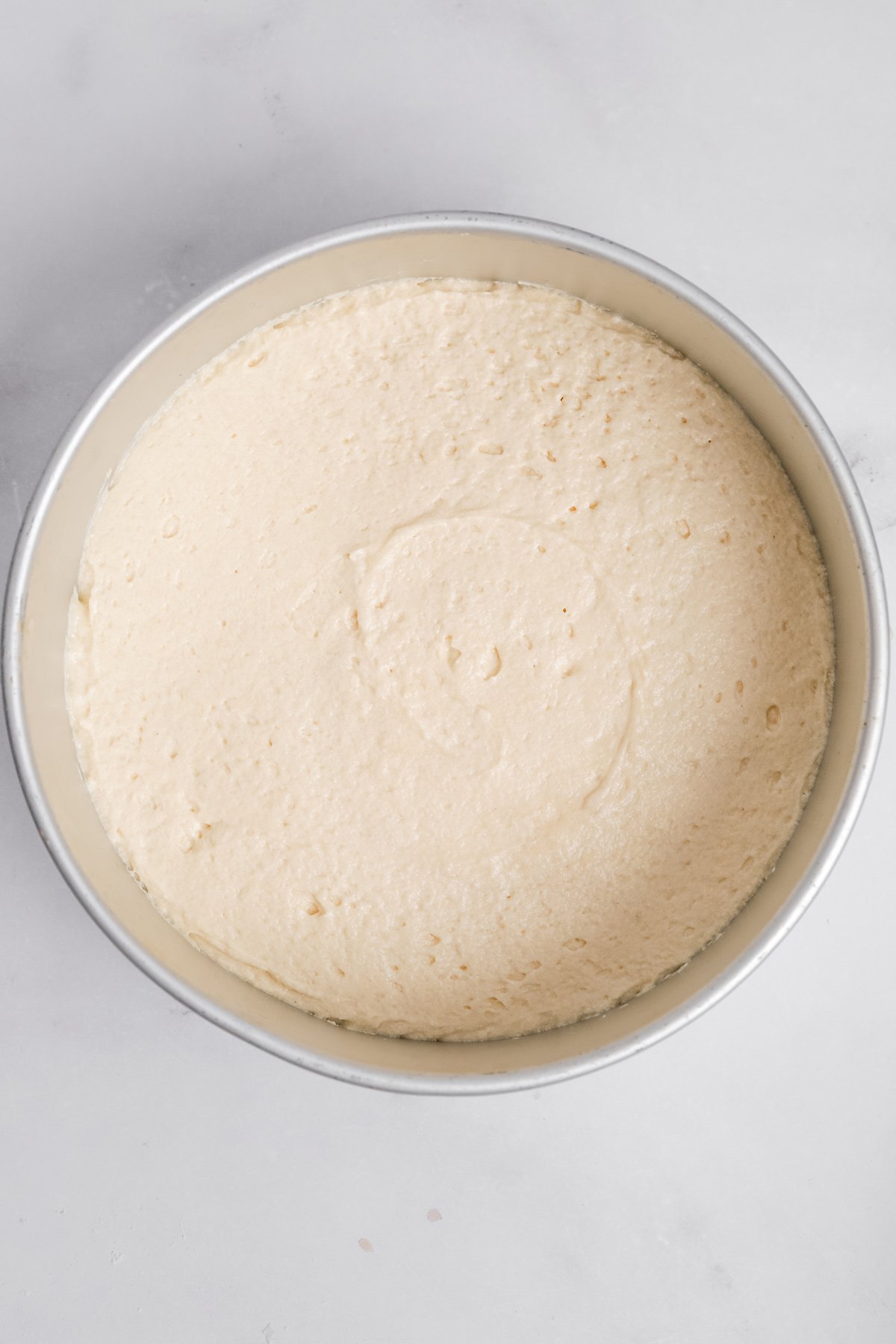 cake pan filled with vanilla cake batter before baking