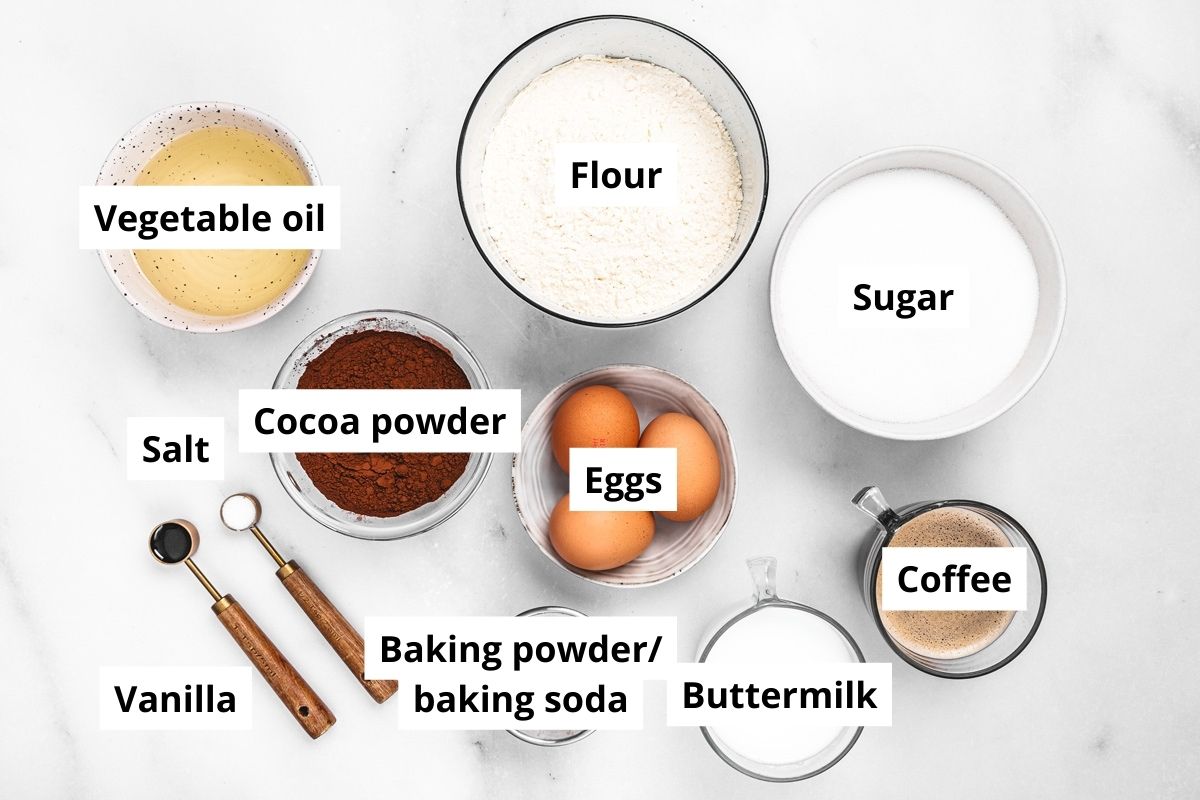 ingredients for chocolate buttermilk sheet cake in bowl