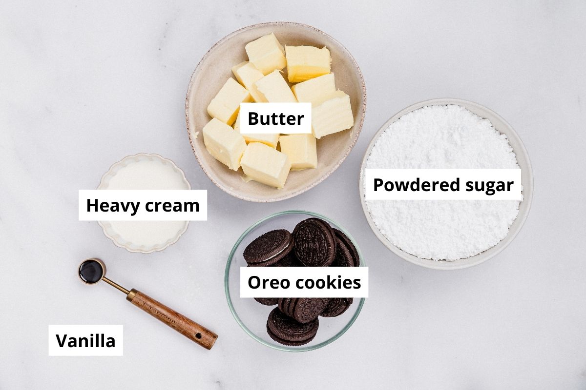ingredients for oreo buttercream frosting in bowl