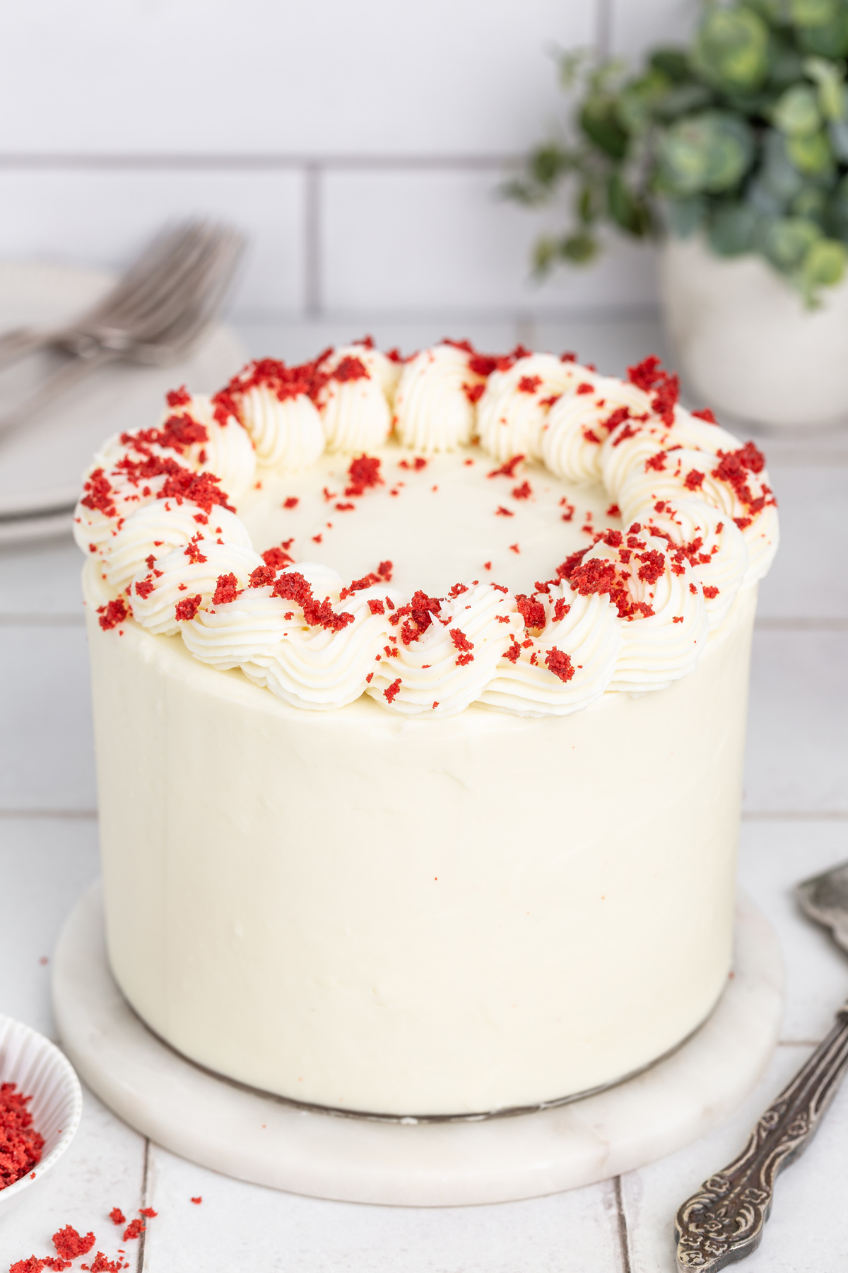 finished red velvet cake on a table
