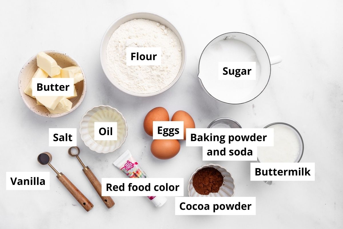 red velvet cake ingredients in bowls
