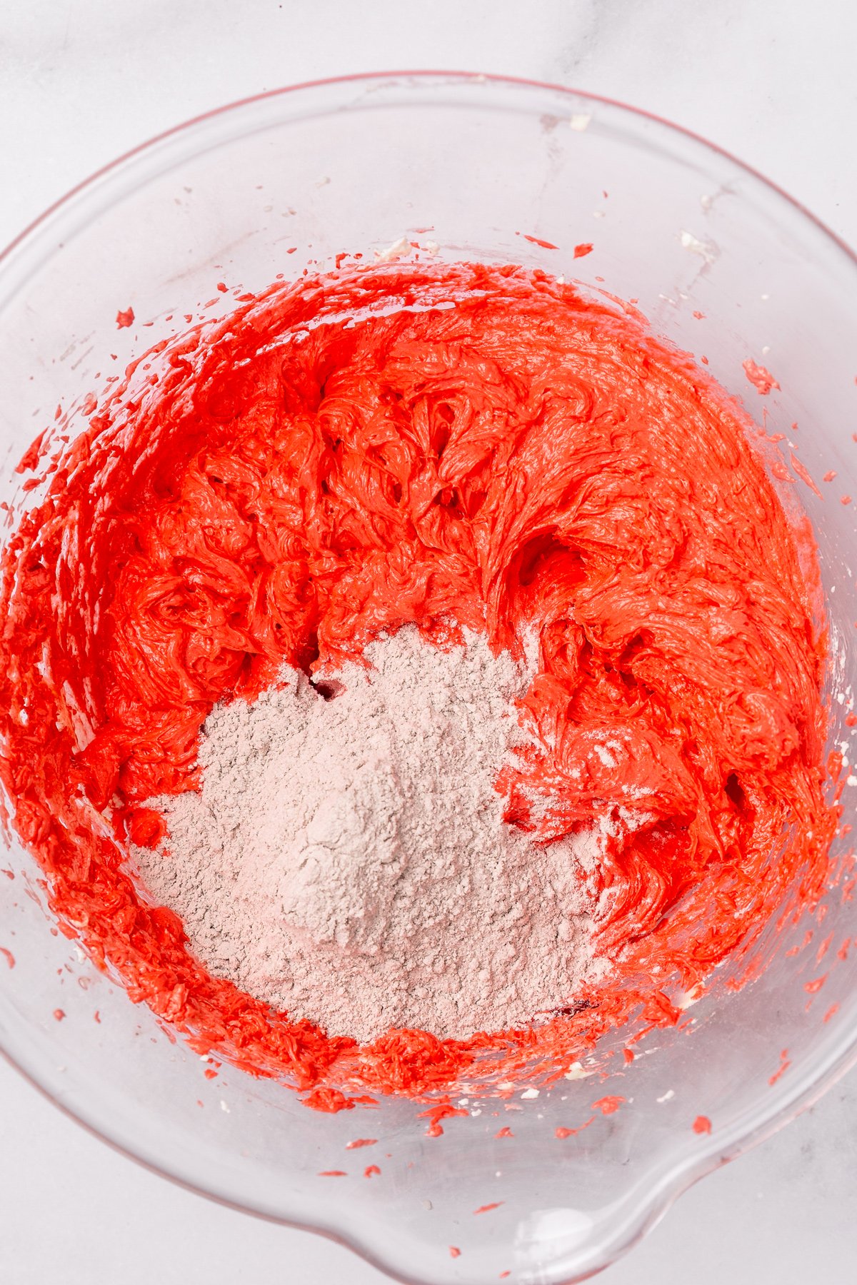 red velvet cake batter with dry ingredients added