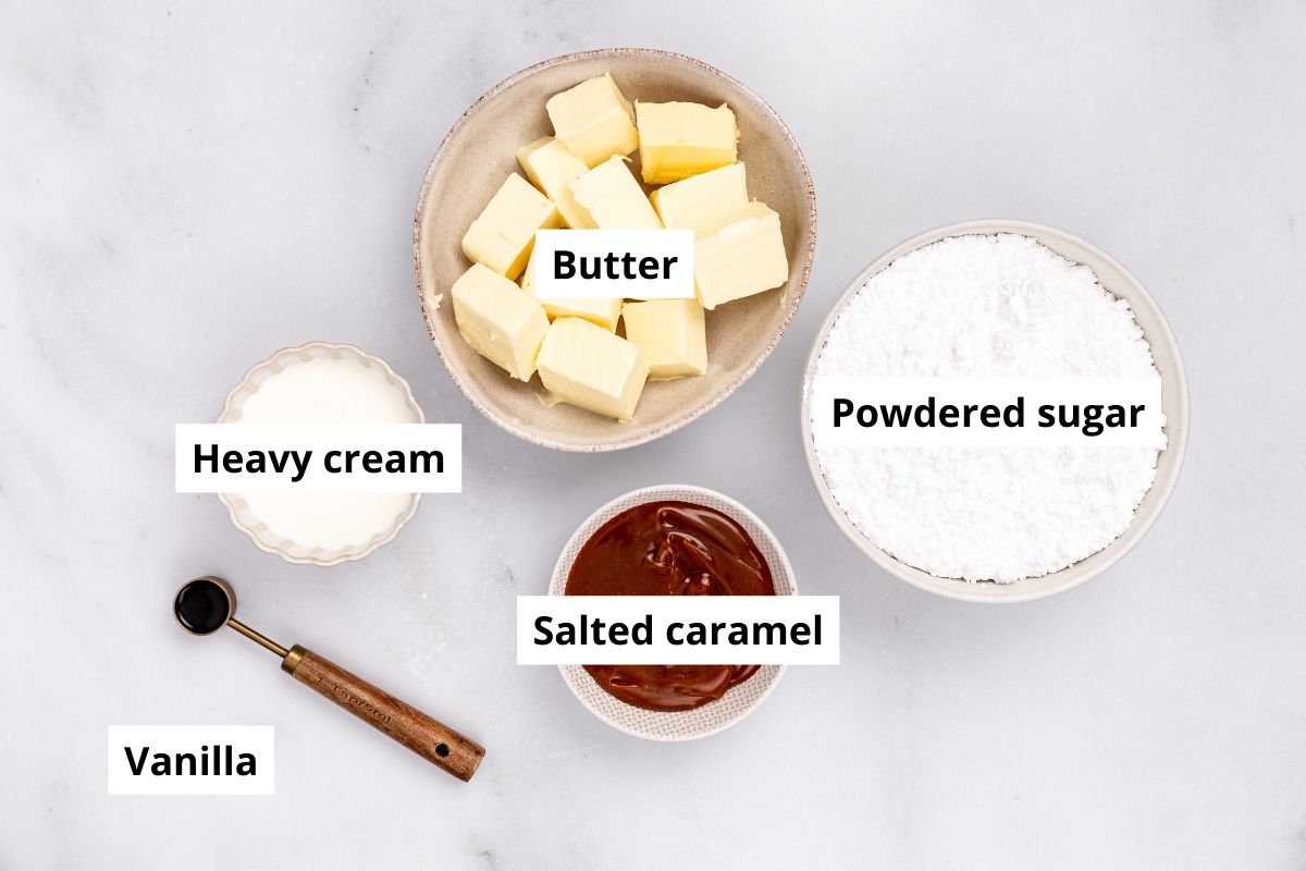ingredients for caramel buttercream frosting in bowl