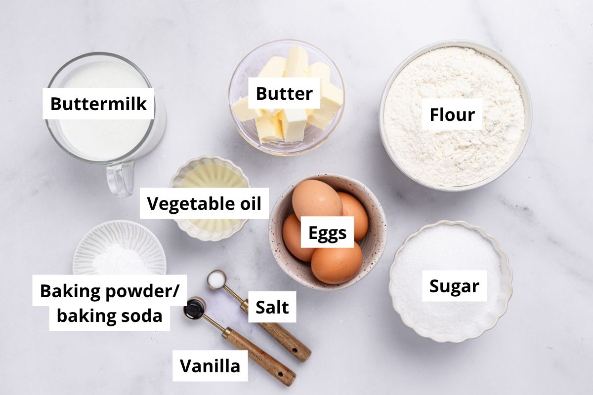 vanilla sheet cake ingredients in bowls on countertop