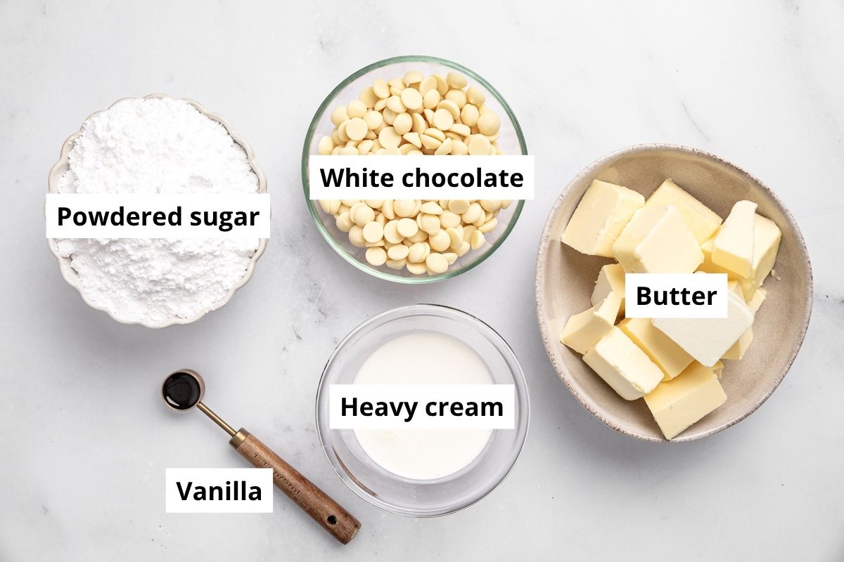 white chocolate buttercream frosting ingredients in bowls