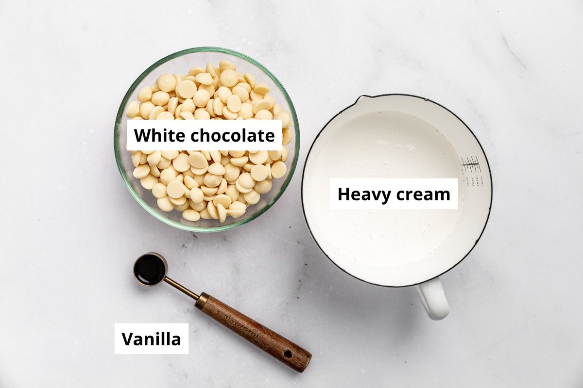 white chocolate ganache frosting ingredients in bowls