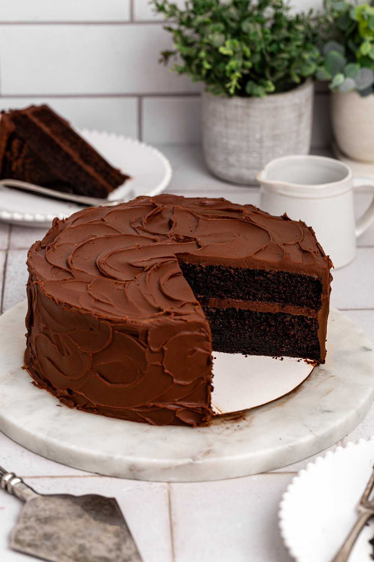 chocolate cake frosted with chocolate fudge frosting
