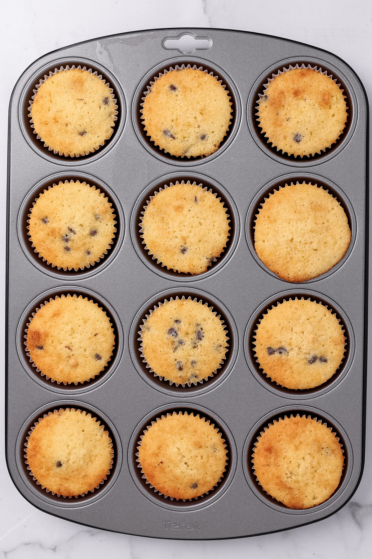 Freshly baked chocolate chip cupcakes in a cupcake pan