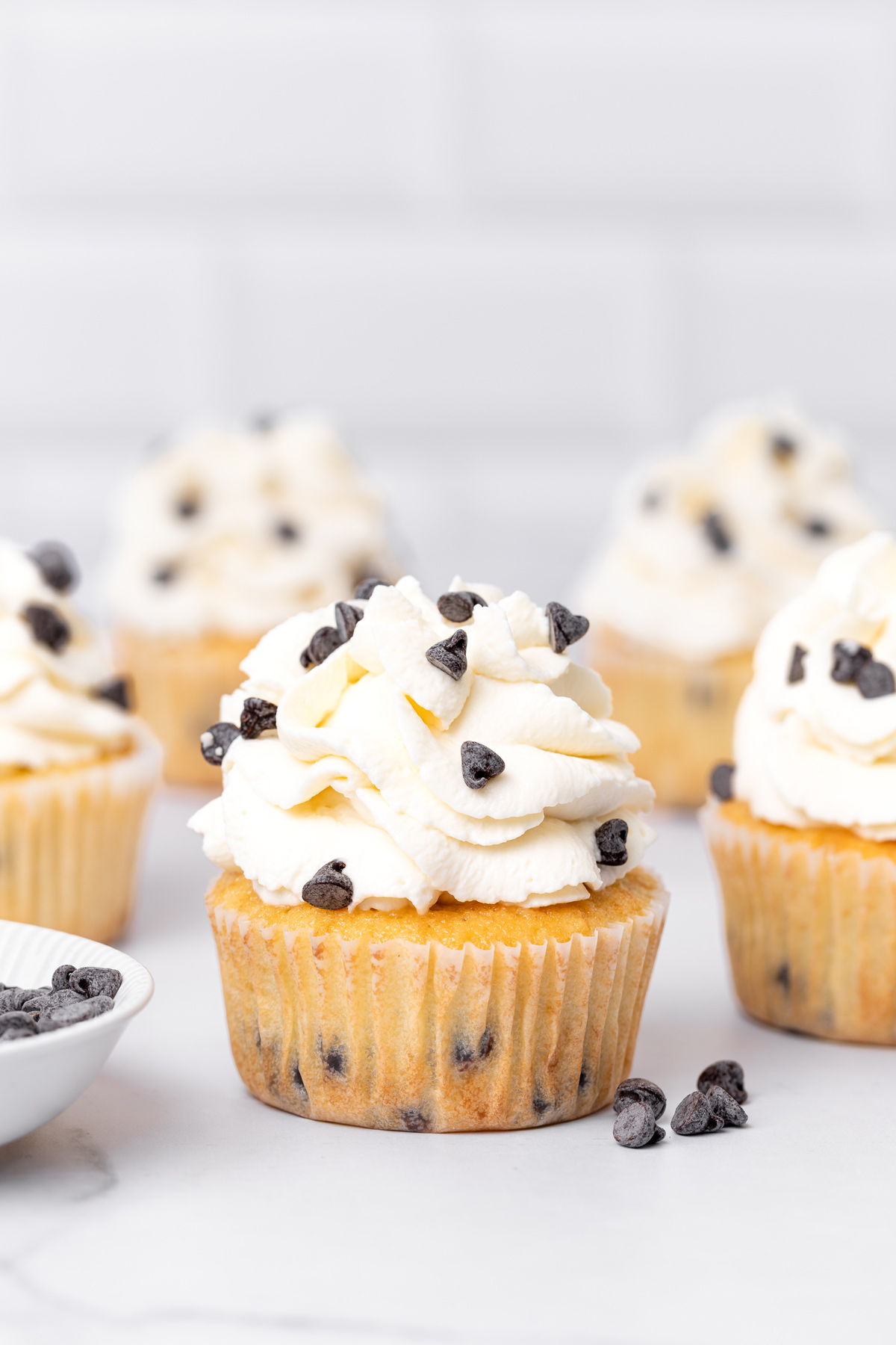 Chocolate chip cupcakes topped with vanilla frosting and mini chocolate chips