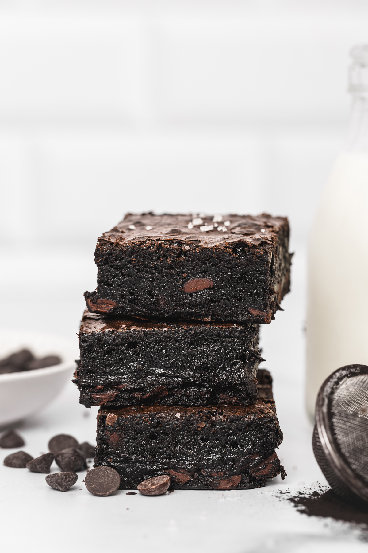 Stack of fudgy black cocoa brownies