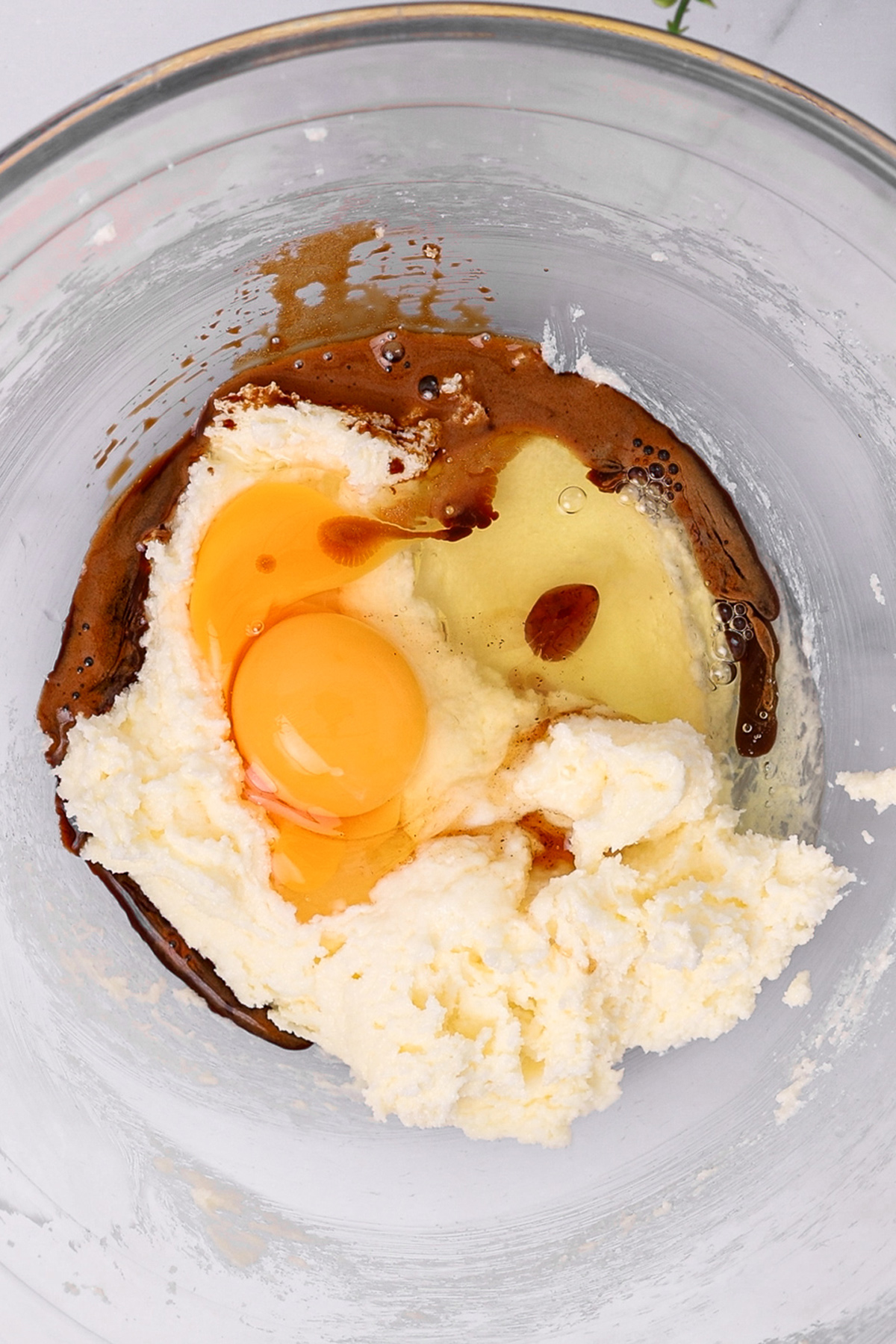 Creamed butter mixed with eggs, vanilla, and dissolved espresso